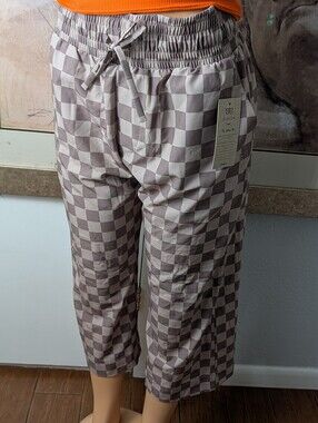 NWT Albion Fit Audrey  Brown Checkers Plaid Wide Leg Trousers Size S/P